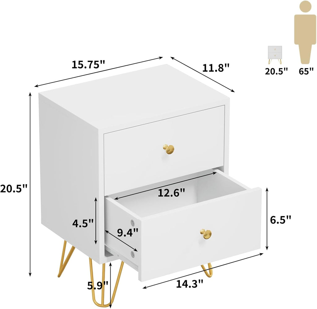 CARPETNAL White Nightstand Set of 2, End Side Table Double, Bedside Table with 2 Drawers, Dual Night Stand Metal Legs for Bedroom Living Room