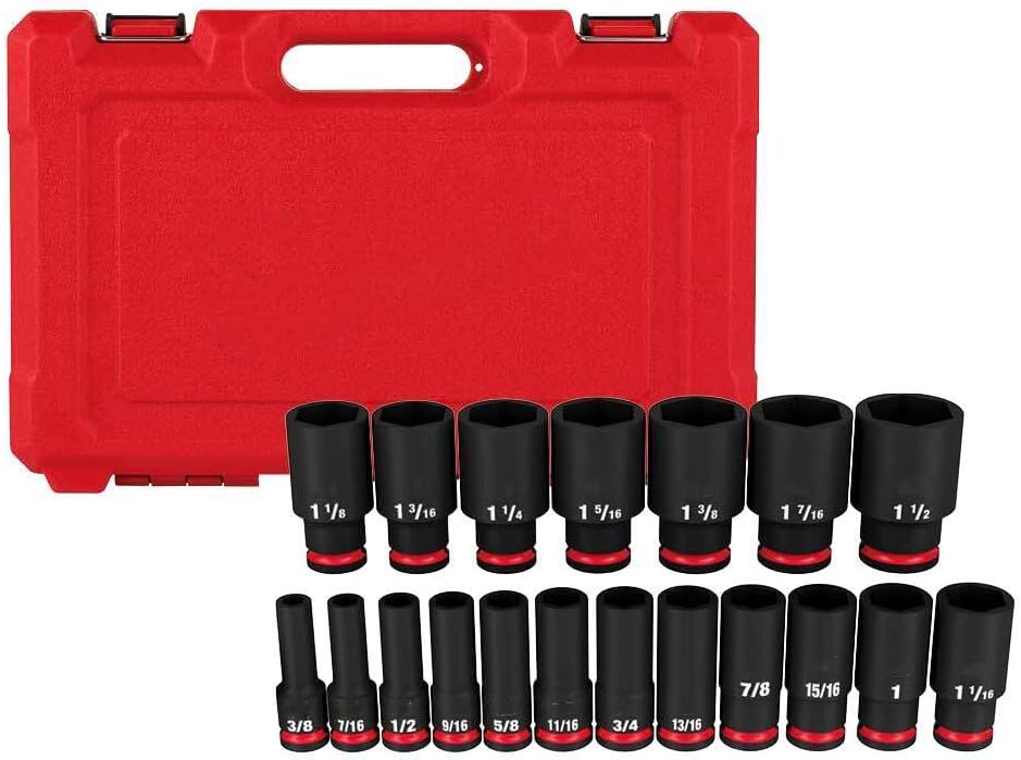 Socket Set For Milwaukee 49-66-7012 1/2'' Impact Duty SAE Socket Set (Size:16.3 x 2.7 x 10.5 in) - 19 PC, Red,black