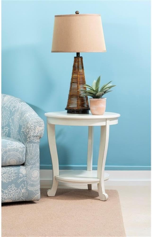 Pemberly Row Round Transitional Wood Side Table, 22' Diameter, White Multi-Step Finish, Acacia/Oak with Shelf, Accent Table for Living Room, Bedroom or Chairside Use