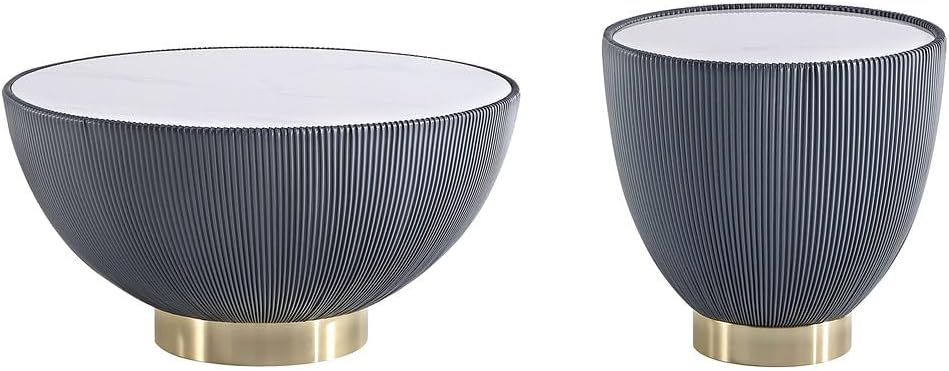 Manhattan Comfort Modern Anderson Coffee Table and End Table 2.0 Upholstered in Grey Leatherette with Ceramic Faux Tabletop - Set of 2