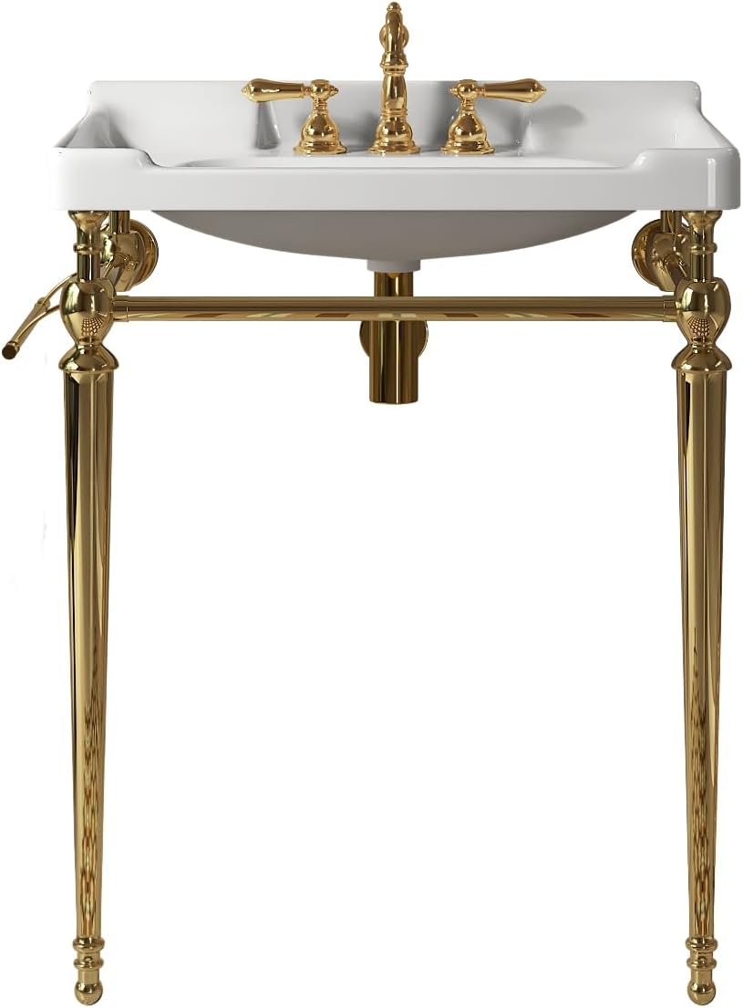 28' Ceramic Bathroom Vanity with Sink, Bathroom Cabinet Organizer with Towel Bar, Bathroom Vanities with Stable Support for Daily Bathroom Use, Gold,White