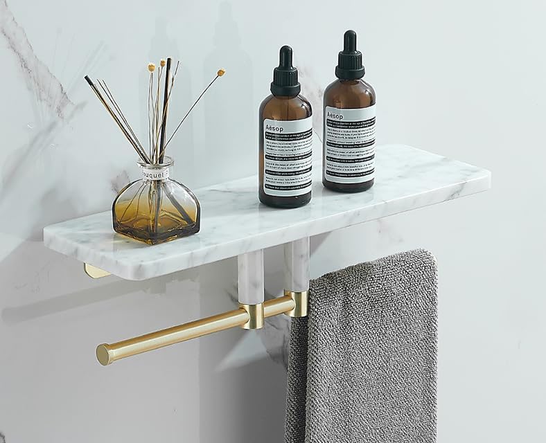 Marble Paper Towel Holder, Towel Rod, Wall Mounted Toilet Paper Holder, Shelf, white-40 Long Shelf with bar