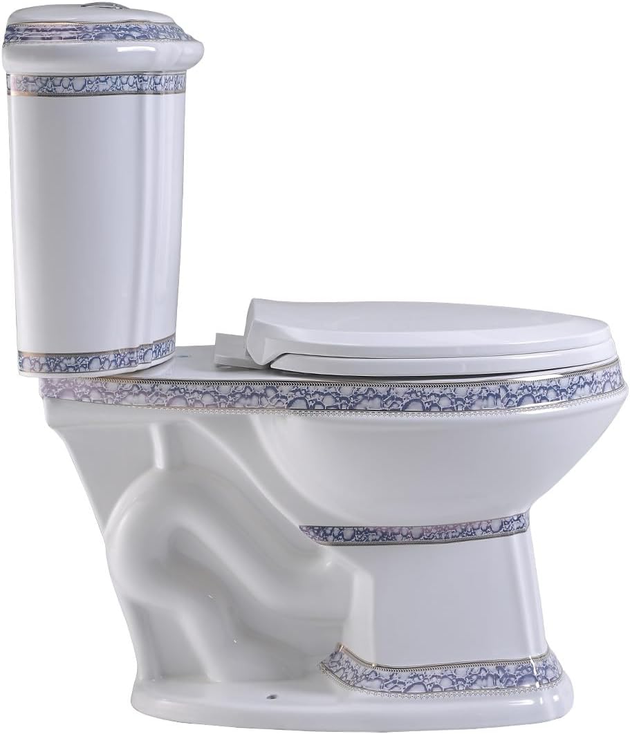 Renovators Supply Manufacturing Dual Flush 2-Piece Elongated Toilet, India Reserve Style with Slow Close Seat, 0.8/1.6 GPF Water Saving, Blue and Gold Vitreous China