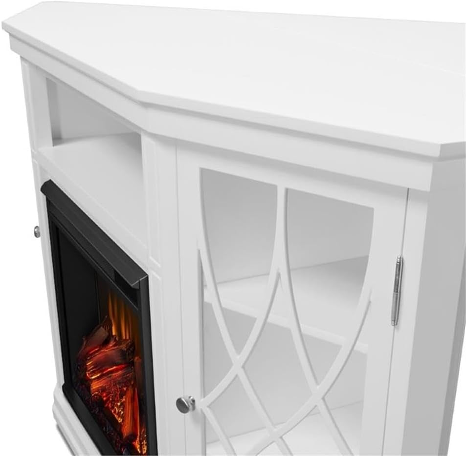 BOWERY HILL Modern Corner Fireplace TV Stand, Wood and Veneered MDF, White Finish, Fits TVs Up to 56', Infrared LED Electric Firebox, Adjustable Shelves, Contemporary Style, Living Room Entertainment