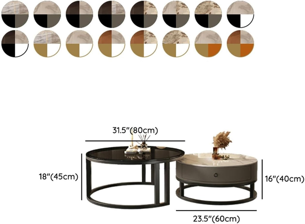 LITFAD 2-Piece Nesting Coffee Tables Steel Frame Round Slate Top Living Room Table Modern Central Table with Storage Drawer for Living Room, Office, Cafe - 31.5' L + 23.5' L Black/Grey - Clear/Gray
