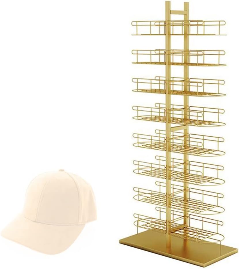 8 Tier Hat Display Stand Metal, Standing Hat Organizer Rack for Baseball Caps/Cowboy Hats/Full Brim Hat Easy Assembly,Gold-60X30X132Cm