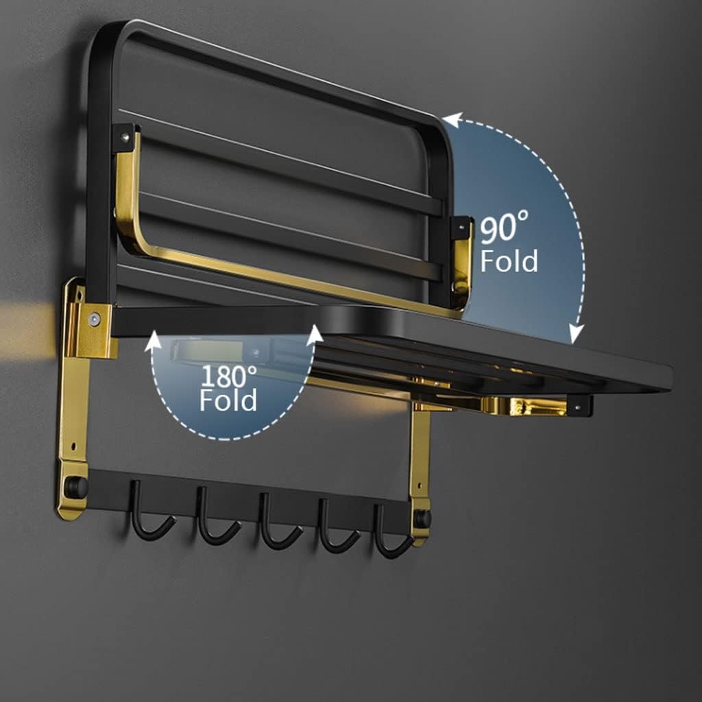 Bathroom Wall Mounted Towel Rack Stainless Steel Towel Rack Bathroom Wall-Mounted Folding Storage Rack with Hook Towel Holder Shelf Shower Room Accessorie Towel Bar, A-black Gold