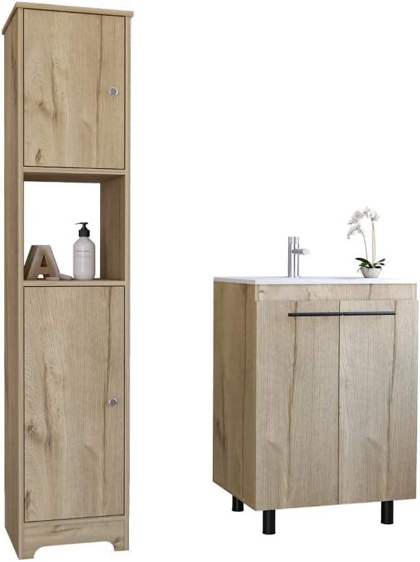 DEPOT E-SHOP 14' Hartford 2-Piece Bathroom Set with Linen Cabinet and Bathroom Vanity, Light Oak – Bathroom Vanity & Storage Suite for Master Bathrooms, Guest Baths & Small Bathrooms