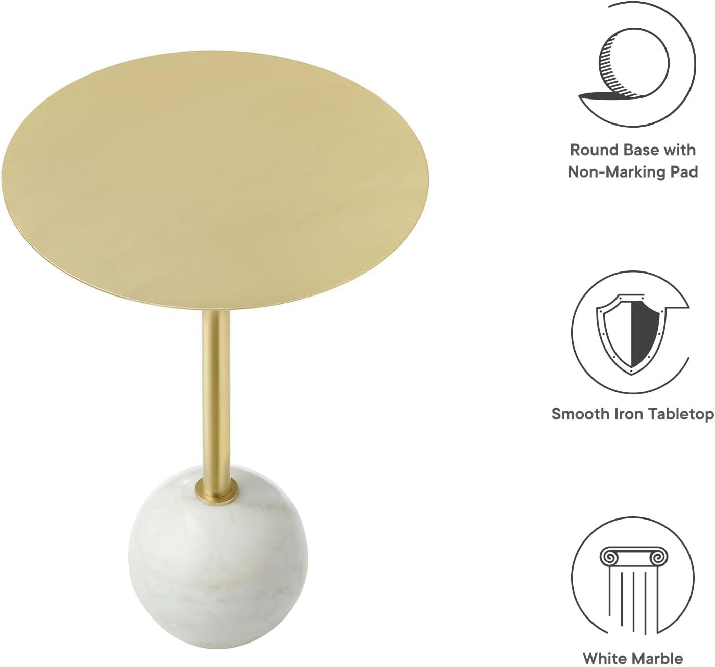 Modway EEI-6606-WHI-BRA Aliza White Marble Round Side Living Room End Table in Brass with White Marble Base