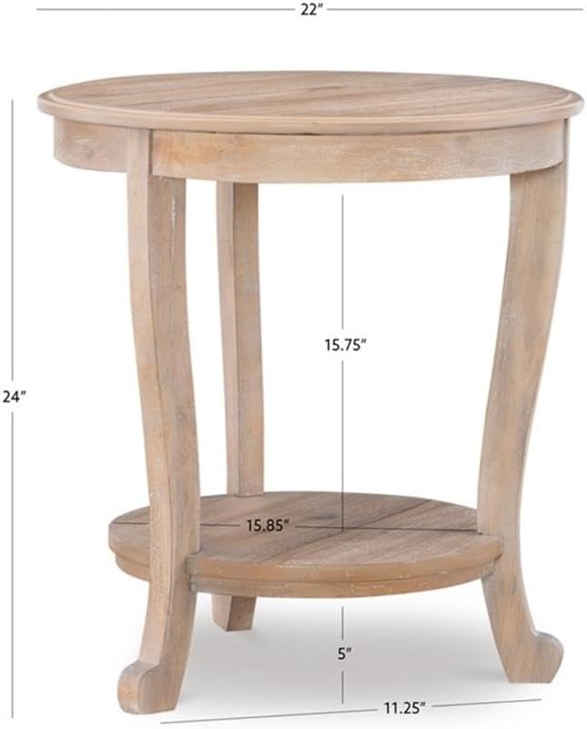 Pemberly Row Round Wood Side Table with Shelf, 22' Diameter, Acacia/Oak Hardwood, Natural Brown Finish, Versatile Accent Table or Nightstand for Living Room or Bedroom
