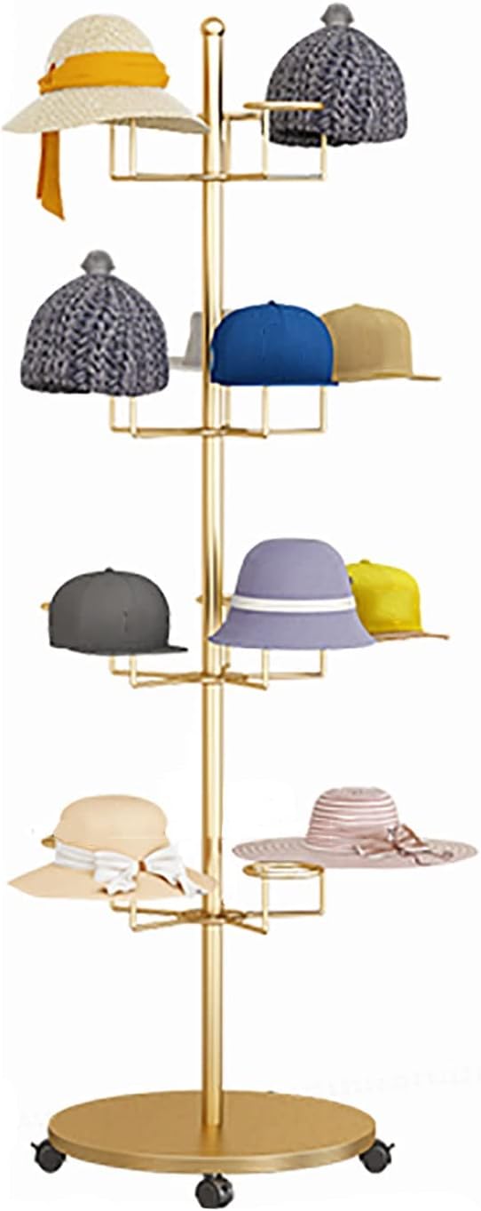 Hat Rack Hat Display Stand Floor Standing Gold Hat Racks Organisers with Wheels, Commercial Multi-Layer Hat Holder Stand for Cowboy/Baseball Caps, Large Capacity