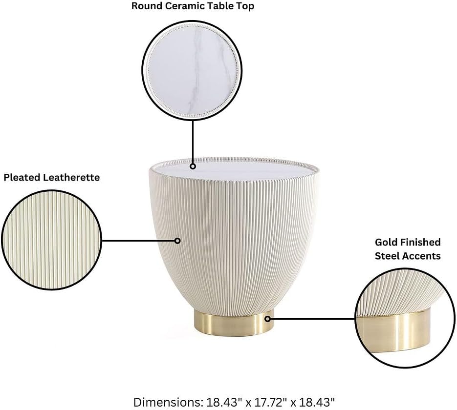 Manhattan Comfort Modern Anderson Coffee Table and End Table 2.0 Upholstered in Cream Leatherette with Ceramic Faux Tabletop - Set of 2