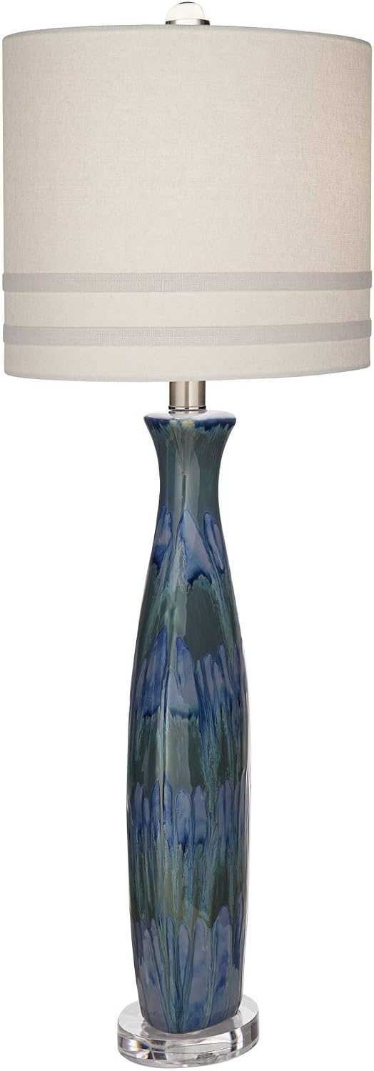 Possini Euro Design Annette 38' Tall Large Modern Coastal End Table Lamps Set of 2 Blue Drip Finish Ceramic Off-White Shade Living Room Bedroom Bedside Nightstand House Office Home (Colors May Vary)