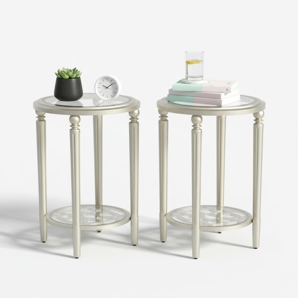 SUNBURY Set of 2 Modern End Tables with Tempered Glass Tops & Glass Lower Shelves, MDF Nightstands for Living Room, Bedroom, Dining Room (Champagne)
