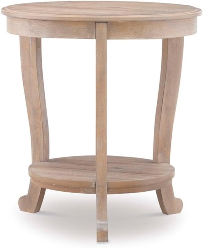 Pemberly Row Round Wood Side Table with Shelf, 22' Diameter, Acacia/Oak Hardwood, Natural Brown Finish, Versatile Accent Table or Nightstand for Living Room or Bedroom