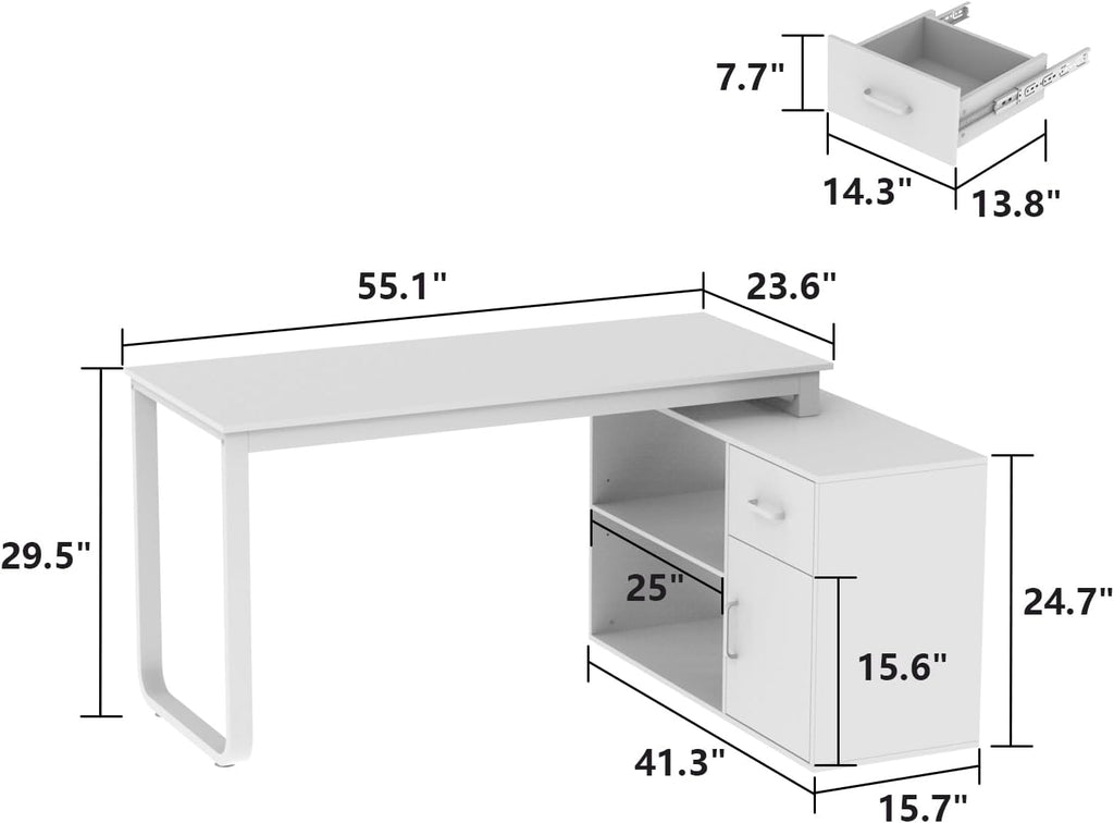 ECACAD Shape Adjustable Computer Desk with Storage Cabinet, L Shaped Corner Home Office Desk Study Writing Table with Drawer, Door & Adjustable Shelves, White