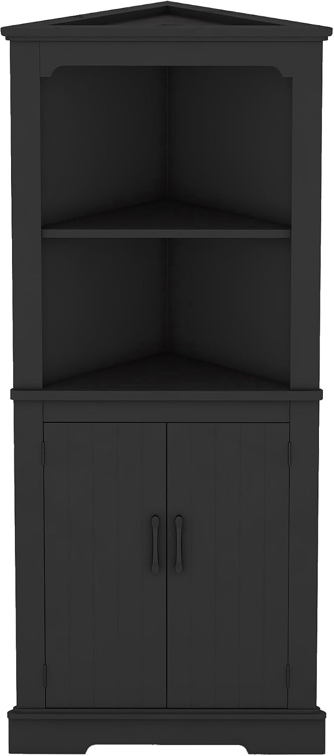 DOFFO Tall Bathroom Corner Cabinet, 69.3'H Freestanding Corner Storage Cabinet with 2 Doors and Open Shelves, Bathroom Floor Storage Display Organizer for Living Room, Dining Room and Kitchen (Black)