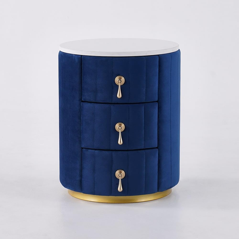 homary Velvet Nightstand with Storage, Blue Round Bedside Table with 3 Drawers, Stone Top Night Table for Bedroom, End Tables for Living Room