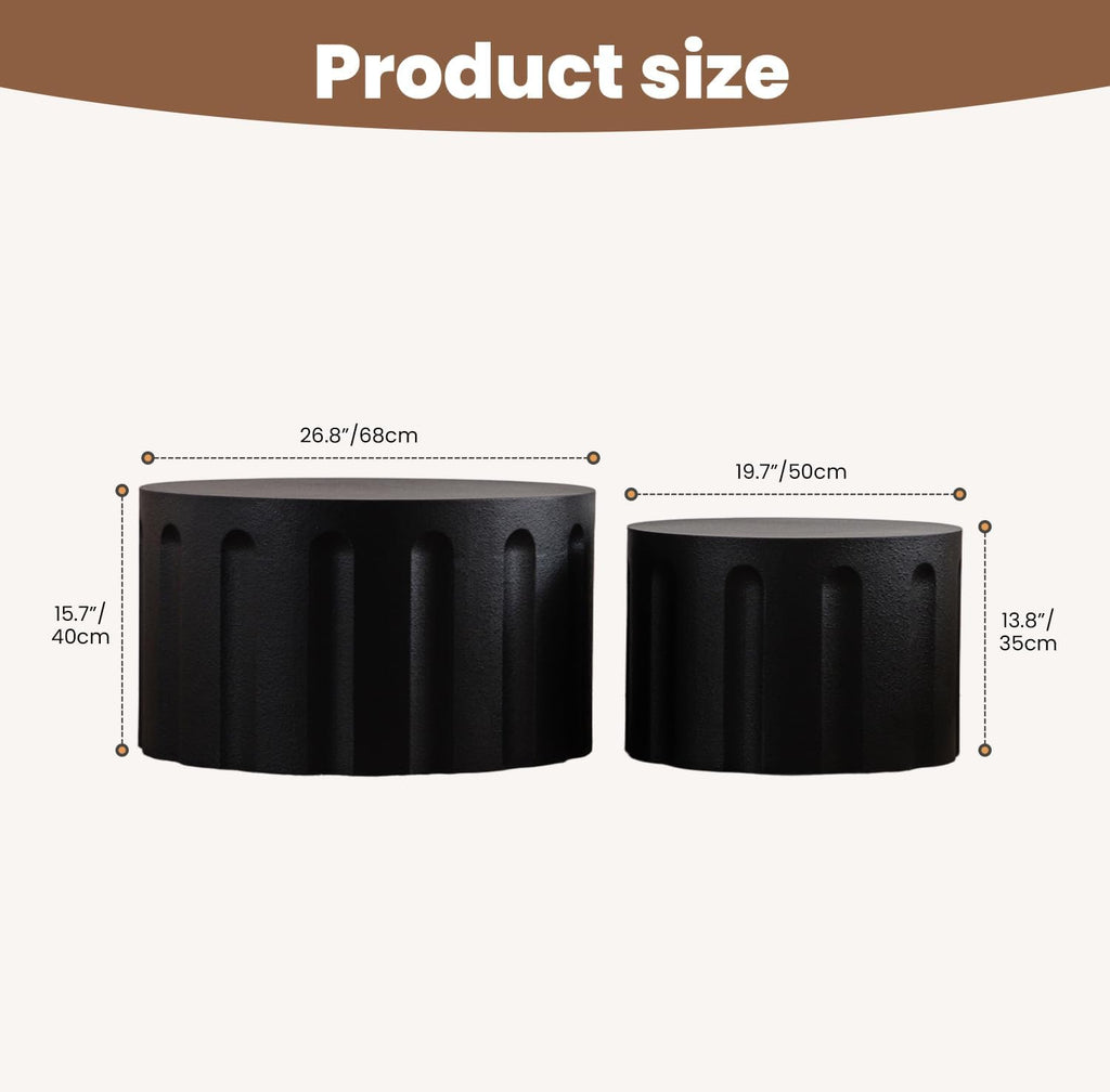 Fluted Round Nesting Coffee Table Set of 2, Modern Unique Circle Coffee Table, Drum Side Tea Table, Space-Saving for Living Room, Bedroom, Balcony, Office, No Assembly (26.77'+19.69' Black B)