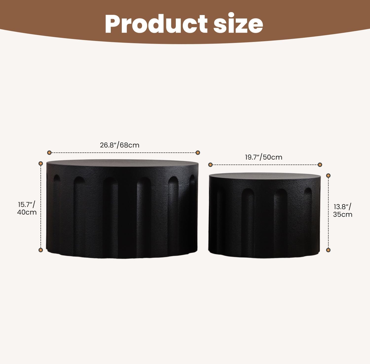 Fluted Round Nesting Coffee Table Set of 2, Modern Unique Circle Coffee Table, Drum Side Tea Table, Space-Saving for Living Room, Bedroom, Balcony, Office, No Assembly (26.77'+19.69' Black B)
