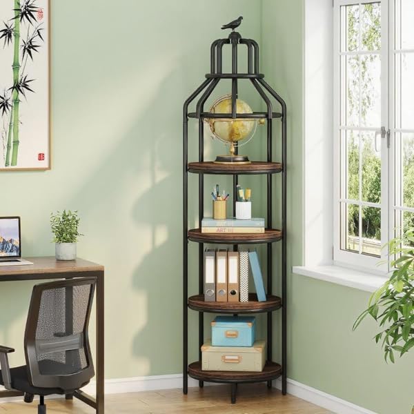 Birdcage Corner Bookshelf with 4-Tier Round Shelves – Narrow Storage Cabinet & Small Bookcase for Living Room, Bedroom, Office – Space-Saving Display Shelf with Metal Frame & Wood Finish