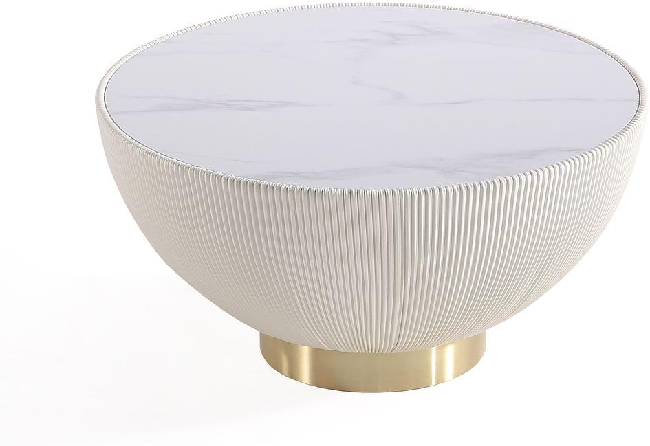 Manhattan Comfort Modern Anderson Coffee Table and End Table 2.0 Upholstered in Cream and Grey Leatherette with Ceramic Faux Tabletop - Set of 2