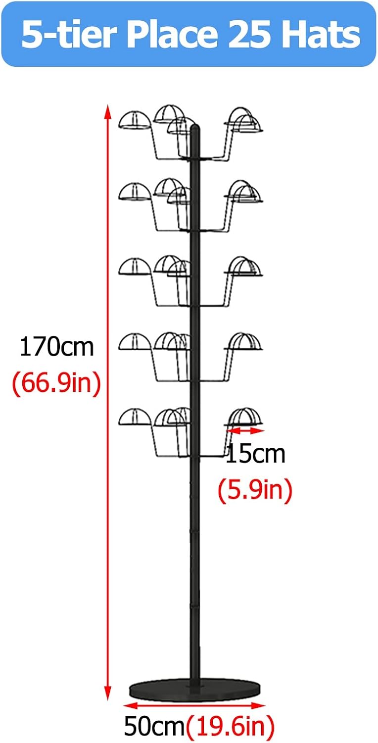 Hat Rack Floor Standing Metal Hat Racks Shelf for Commercial Display Easy to Install Helmet Cowboy Hat and Baseball Cap Holder Organizer Stand (White 5Tier),White,5Tier