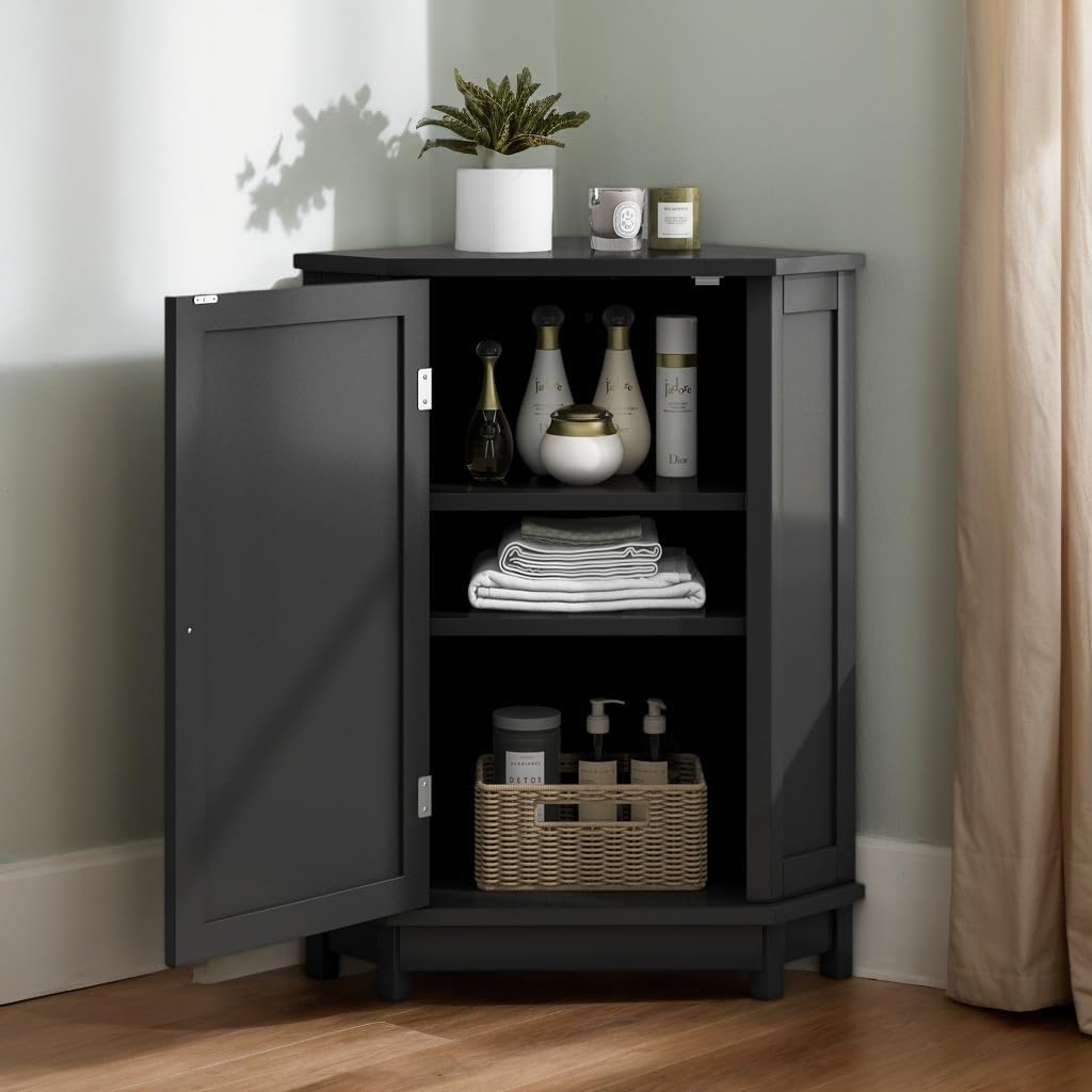 Floor Corner Cabinet with Doors and Adjustable Shelves, Freestanding Bathroom Corner Storage Cabinet for Bathroom, Living Room (1 Door, Black)