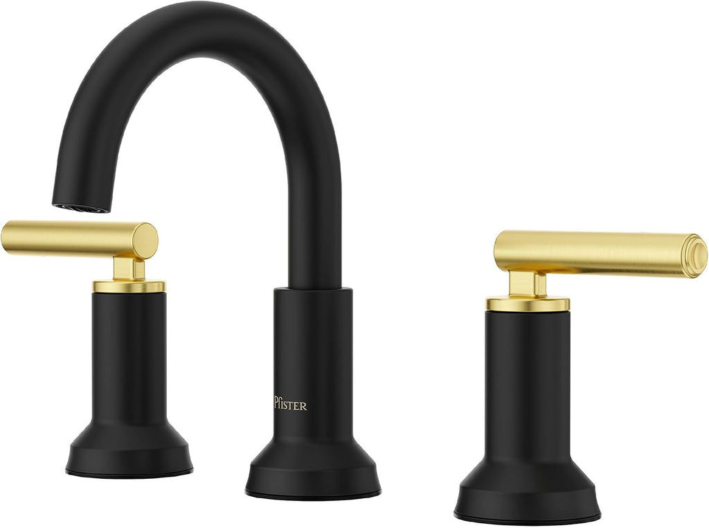Pfister Capistrano Widespread Bathroom Sink Faucet 2-Handle 3-Hole Matte Black and Brushed Gold Finish NSF Certified with Push & Seal Drain TiteSeal Technology LF049CSOBBG