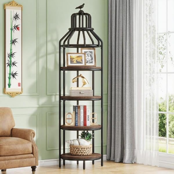 Birdcage Corner Bookshelf with 4-Tier Round Shelves – Narrow Storage Cabinet & Small Bookcase for Living Room, Bedroom, Office – Space-Saving Display Shelf with Metal Frame & Wood Finish