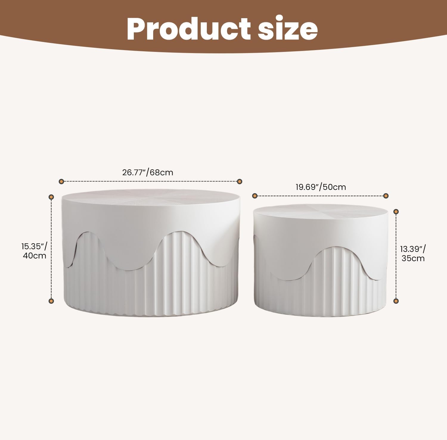 Fluted Round Nesting Coffee Table Set of 2, Modern Unique Circle Coffee Table, Drum Side Tea Table, Space-Saving for Living Room, Bedroom, Balcony, Office, No Assembly (26.77'+19.69' White A)