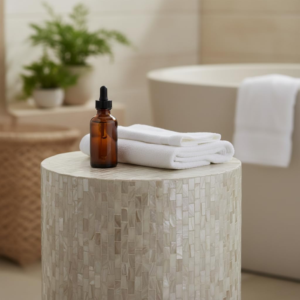 PEMAR Mother of Pearl Cylinder Drum End Table Nacre Side Stool Round Accent Table Coffee Bedside Nightstand and Vanity Stool 13' Diameter x 19.3' High Pearl White & Cream