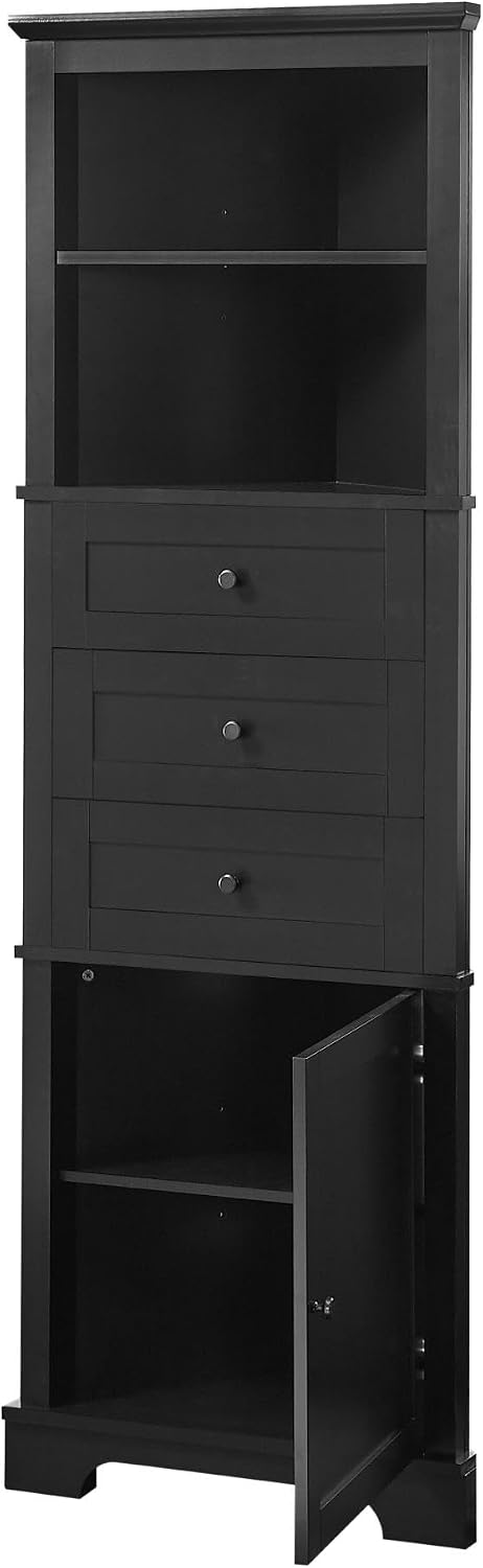 Corner Storage Cabinet with Adjustable Shelves, 68.9 in Tall | MDF, painted finish, adjustable shelves, corner fit, enclosed storage, bathroom, kitchen, 23 W x 13.4 D x 68.9 H in