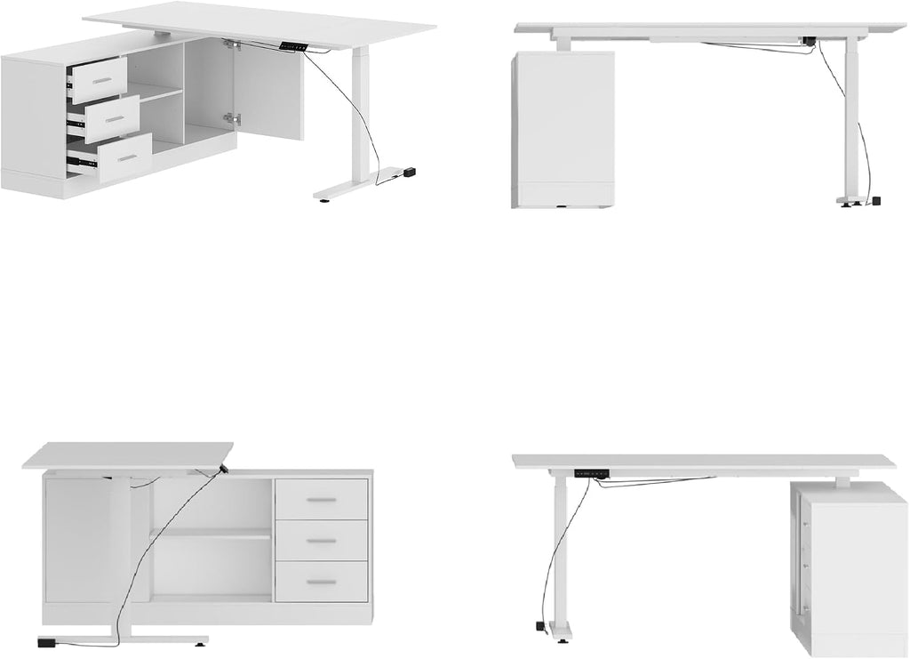 AGOTENI 63' W L Shaped Standing Desk with Cabinet, Electric Height Adjustable & Reversible Corner Computer Desk with Drawers & Storage Shelves for Home Office, White