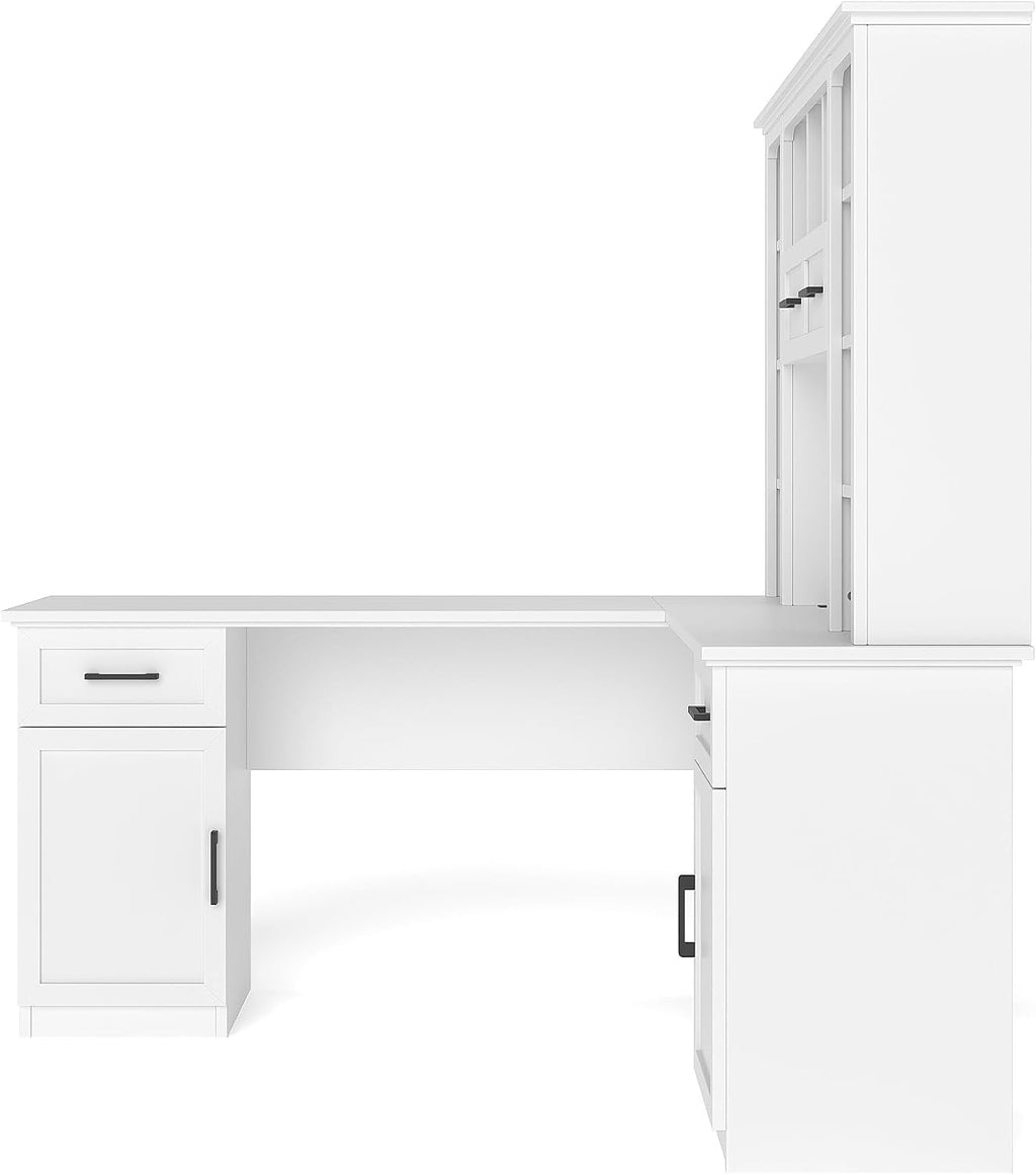 L Shaped Desk with Hutch, Corner Computer Desk with Storage Shelf & Cabinet, Laptop Pc Table Gaming Desk Workstation, Modern Executive Study Writing Desk for Home Office, Bedroom (White)