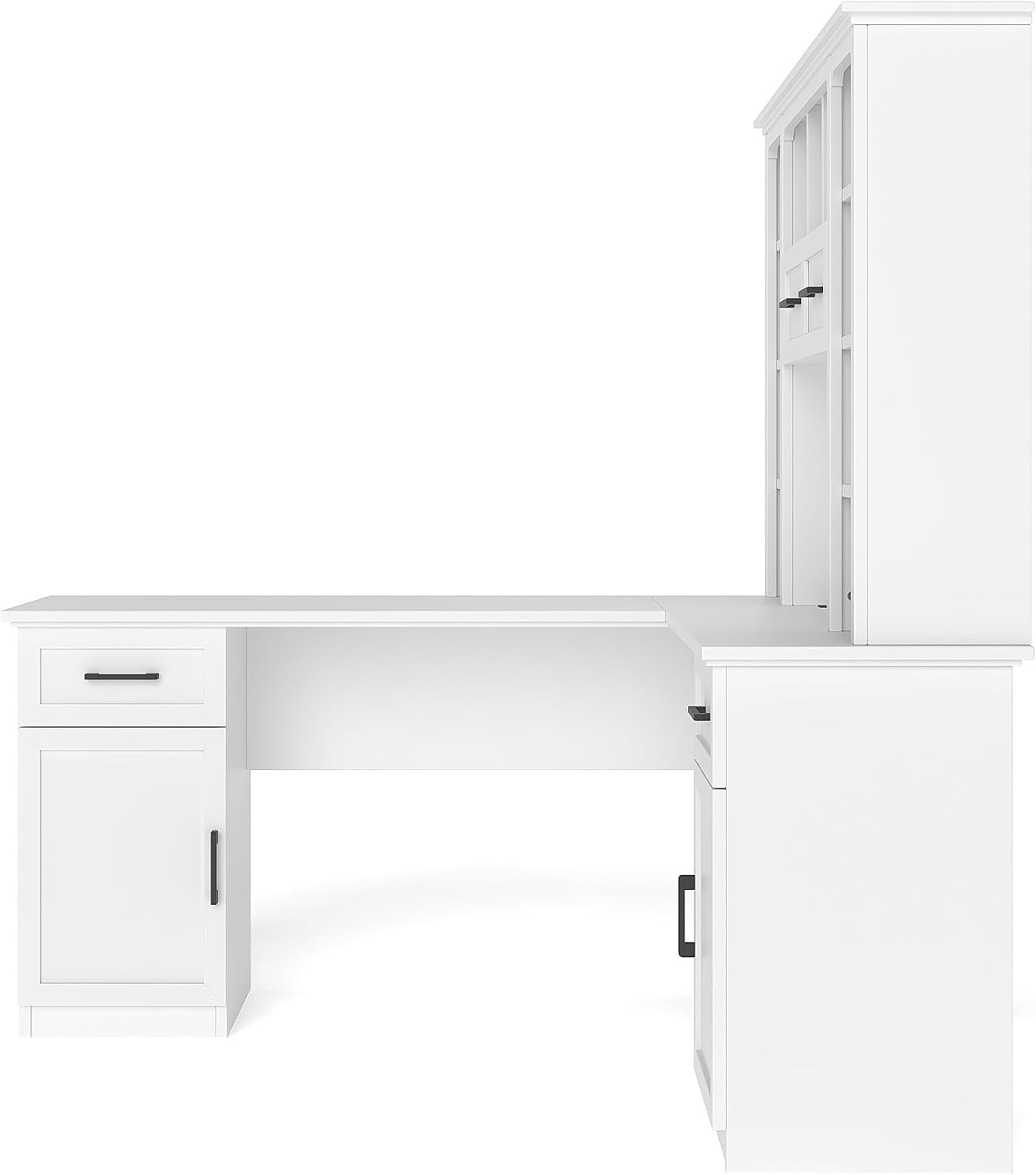 L Shaped Desk with Hutch, Corner Computer Desk with Storage Shelf & Cabinet, Laptop Pc Table Gaming Desk Workstation, Modern Executive Study Writing Desk for Home Office, Bedroom (White)