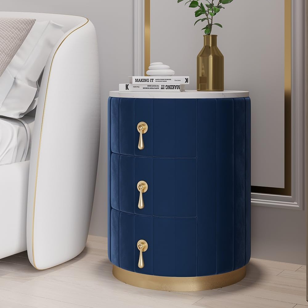 homary Velvet Nightstand with Storage, Blue Round Bedside Table with 3 Drawers, Stone Top Night Table for Bedroom, End Tables for Living Room