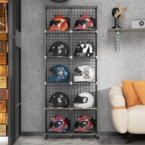 Motorcycle & Fireman's Helmet Display Case - Floor-Standing Metal Rack for Hard Hats, Baseball Caps & Collectibles - Stackable Modular Shelves for Retail Showcases