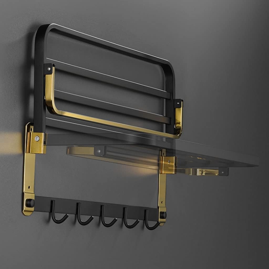 Bathroom Wall Mounted Towel Rack Stainless Steel Towel Rack Bathroom Wall-Mounted Folding Storage Rack with Hook Towel Holder Shelf Shower Room Accessorie Towel Bar, A-black Gold