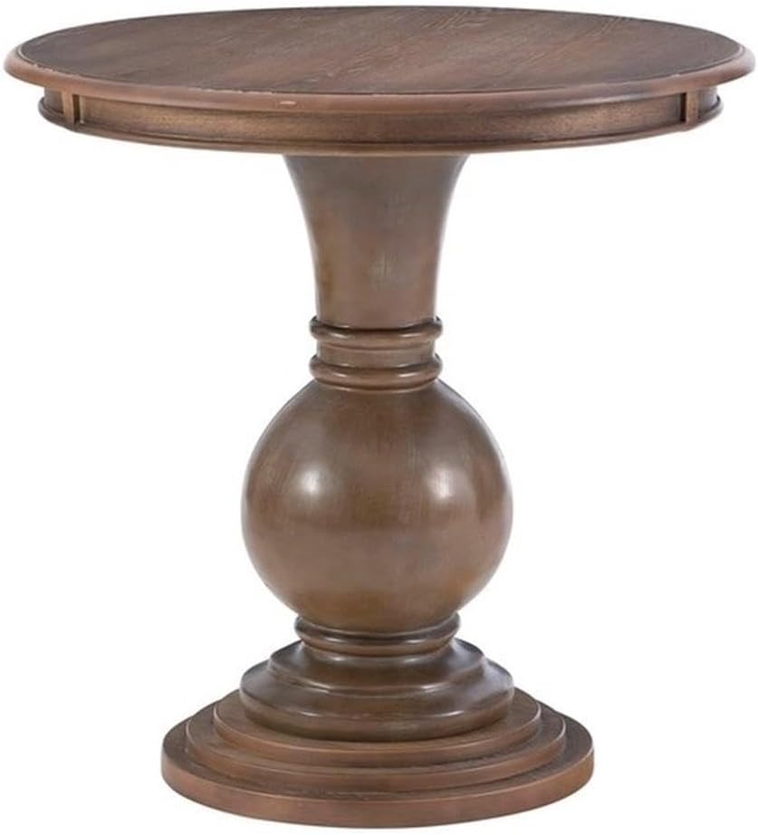 MAKLAINE Round Accent Table, 26.5' High, Engineered Wood, Rustic Natural Finish, Turned Pedestal, Stepped Base, Compact Design, Decorative Display or End Table for Living Room, Bedroom, Small Spaces