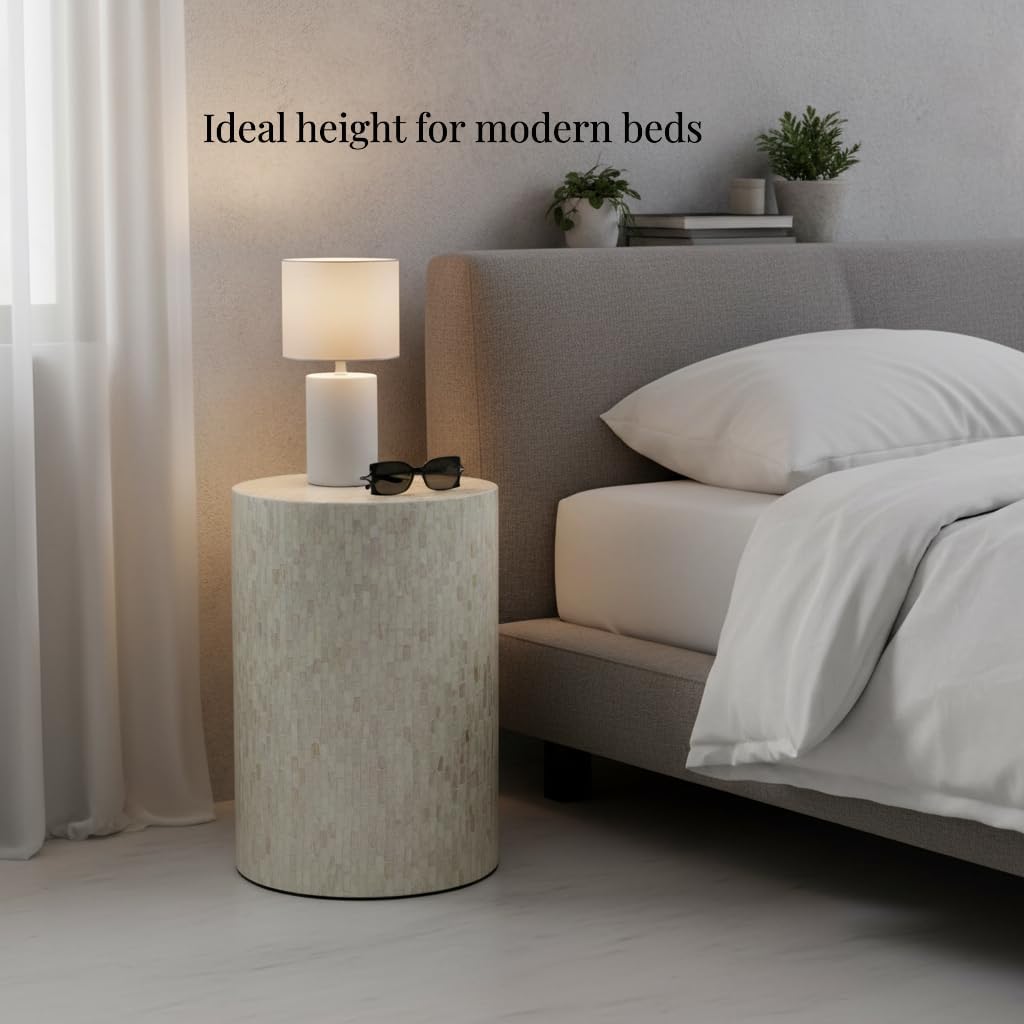 PEMAR Mother of Pearl Cylinder Drum End Table Nacre Side Stool Round Accent Table Coffee Bedside Nightstand and Vanity Stool 13' Diameter x 19.3' High Pearl White & Cream
