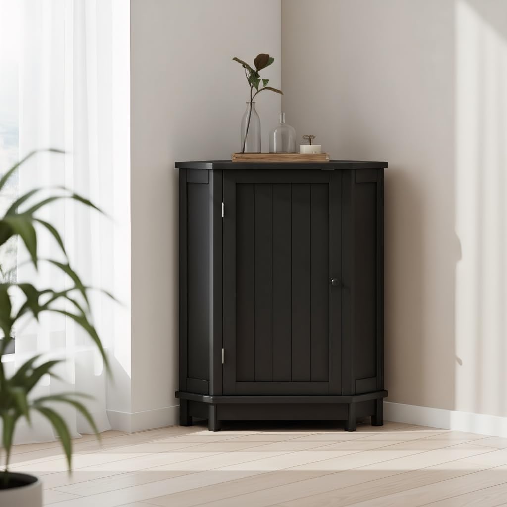 Floor Corner Cabinet with Doors and Adjustable Shelves, Freestanding Bathroom Corner Storage Cabinet for Bathroom, Living Room (1 Door, Black)
