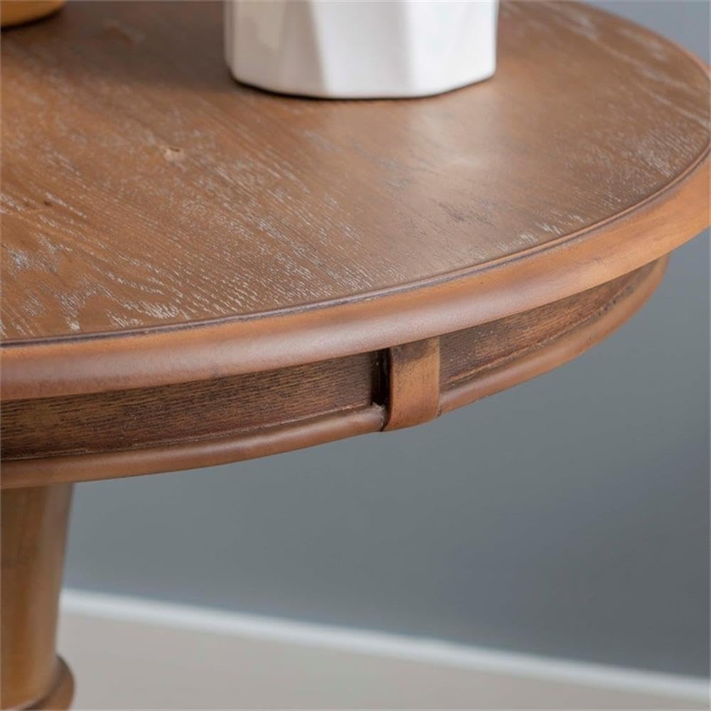 MAKLAINE Round Accent Table, 26.5' High, Engineered Wood, Rustic Natural Finish, Turned Pedestal, Stepped Base, Compact Design, Decorative Display or End Table for Living Room, Bedroom, Small Spaces