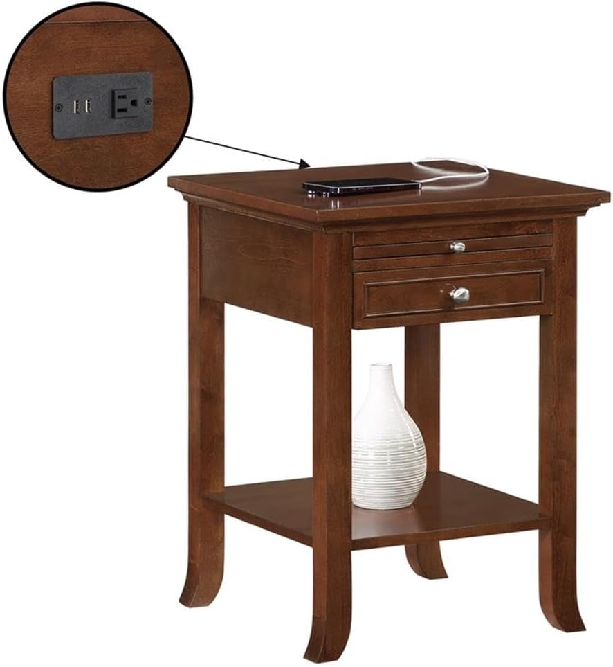 Convenience Concepts American Heritage Logan End Table with USB Ports & AC Outlet 18' - Square Living Room Side Table with Storage Drawer & Pull-Out Shelf, Bedroom Nightstand with Charging, Espresso