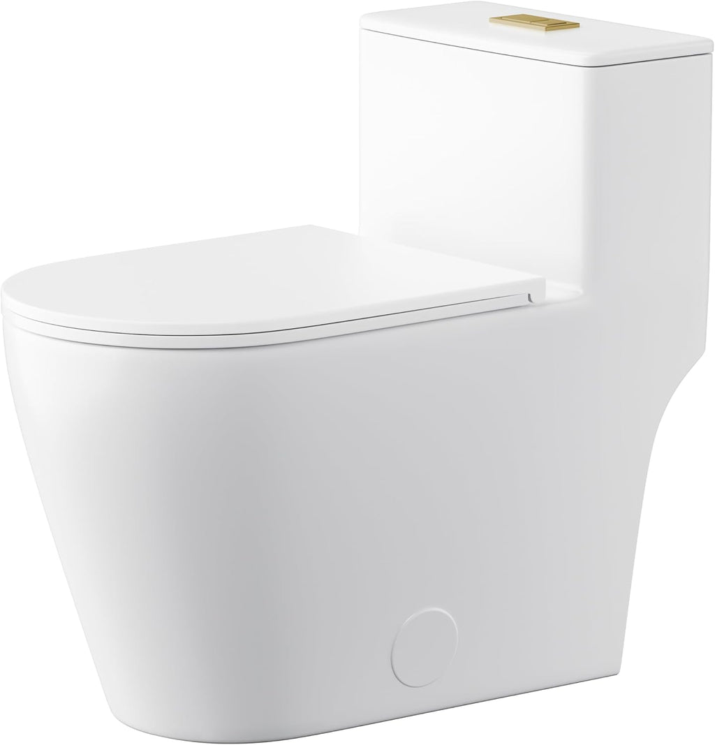 Casta Diva Elongated One Piece Toilet with 17' ADA Comfort Chair Height Seat Compact Toilet for Bathroom Dual Flush 1.1/1.6GPF, 12'' Rough-in, Dual Flush Toilet Button Golden