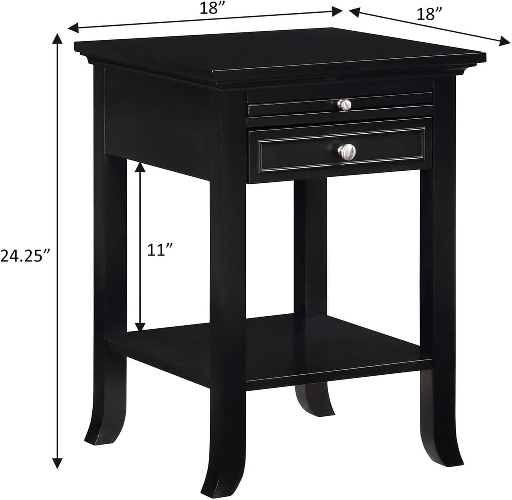 Convenience Concepts American Heritage Logan End Table with USB Ports & AC Outlet 18' - Square Living Room Side Table with Storage Drawer & Pull-Out Shelf, Bedroom Nightstand with Charging, Black