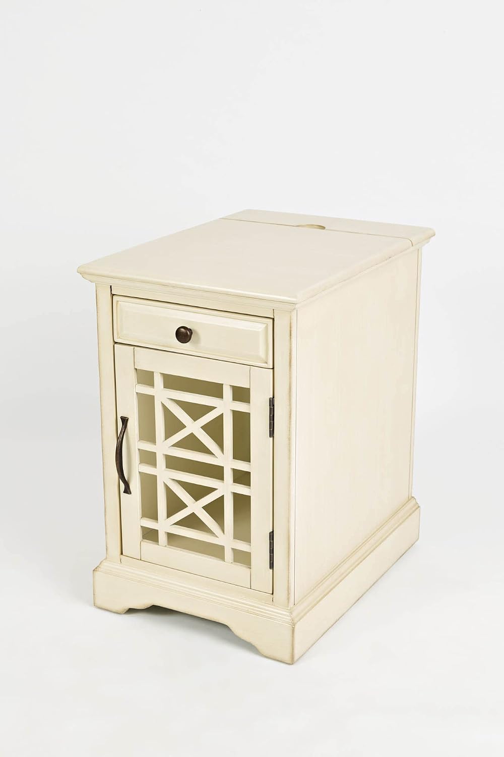 Jofran Farmhouse Craftsman End Table with Charging Station – Narrow Night Stands with USB Charging Port – Space-Saving Design for Bedroom, Living Room, or Entryway, Antique Cream