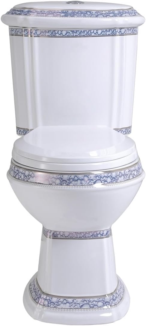 Renovators Supply Manufacturing Dual Flush 2-Piece Elongated Toilet, India Reserve Style with Slow Close Seat, 0.8/1.6 GPF Water Saving, Blue and Gold Vitreous China