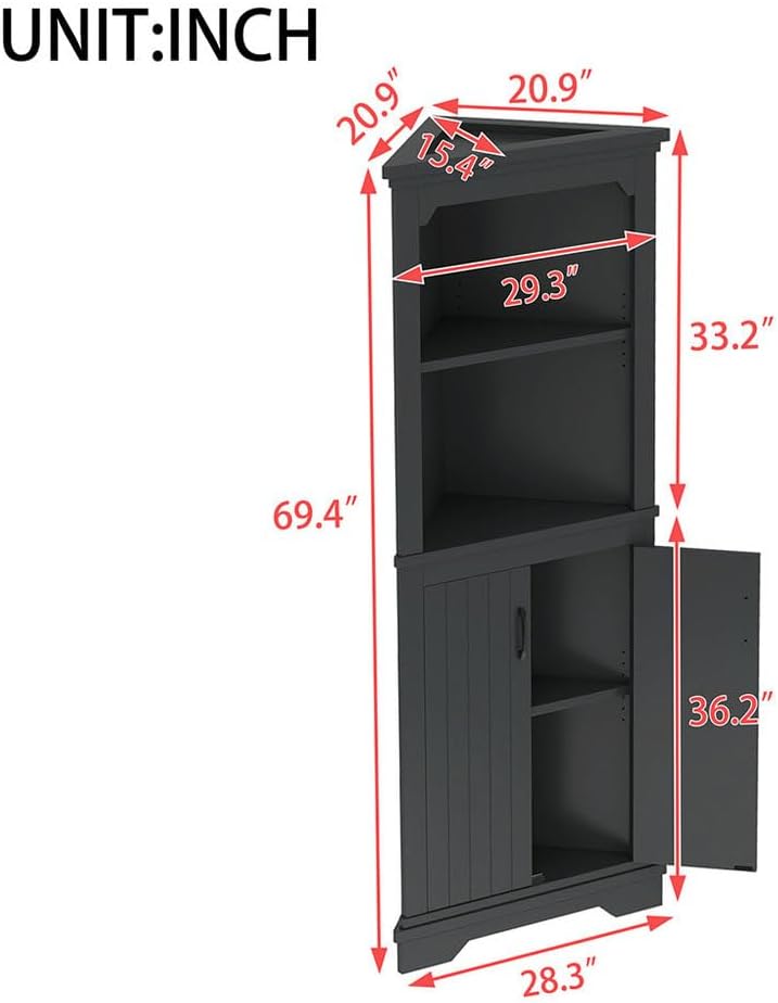 Corner Cabinet, Farmhouse Tall Corner Cabinet with Doors and Adjustable Shelves, Bar Storage Cabinets with Home Space Saver for Kitchen, Living Rooms, Laundry Room (Black)