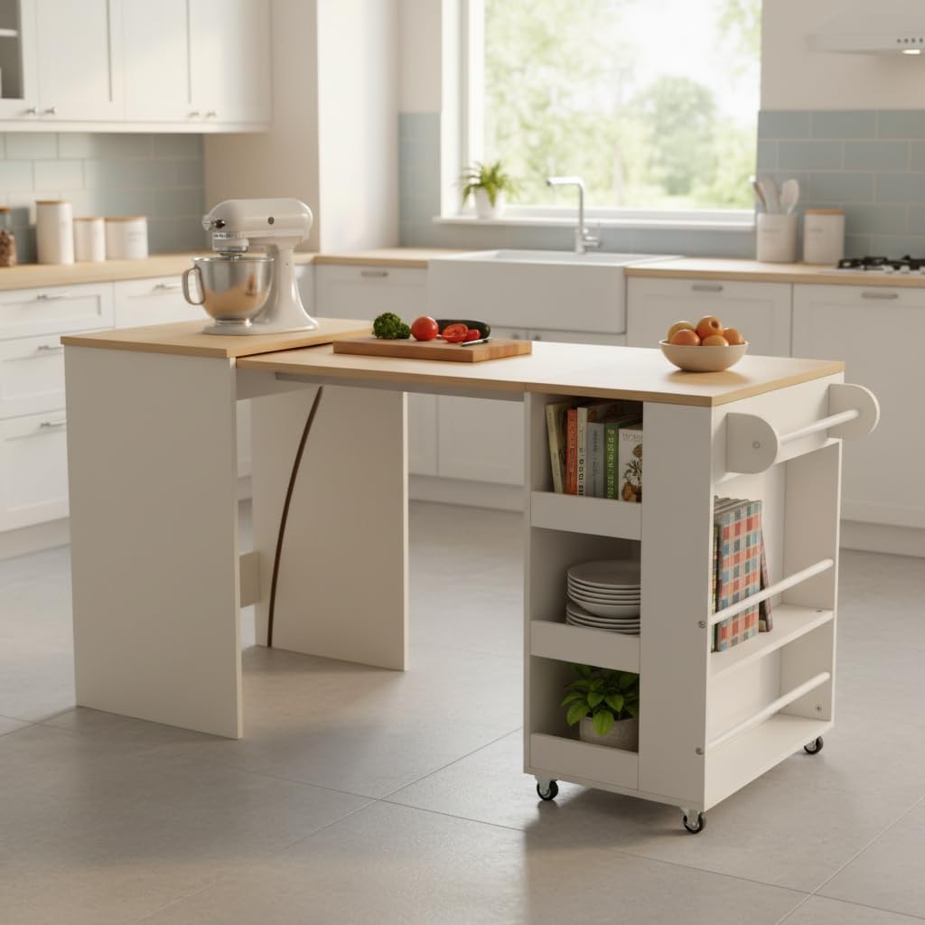 EROMMY 52' Extendable Kitchen Island with Faux Marble Top, Rolling Kitchen Cart with Pull-Out Dining Table, Spice Rack, Towel Bar, Mobile Breakfast Bar Station with Storage for Small Space (White)